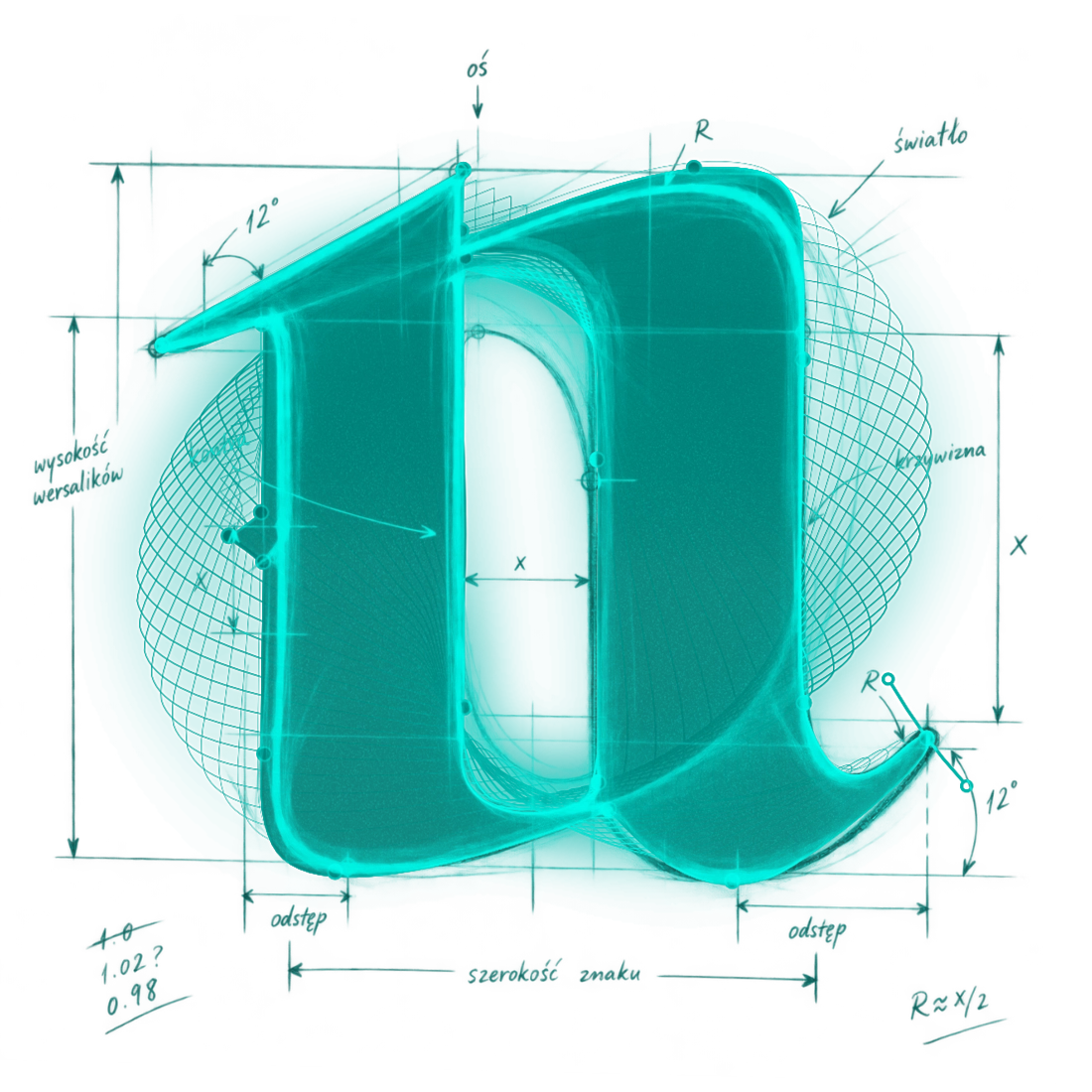 AlphaType glyph outline with turquoise construction notes and a generative line field